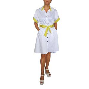 Women's Chic White Shirt Dress with Yellow Contrast Trim With Belt One Size